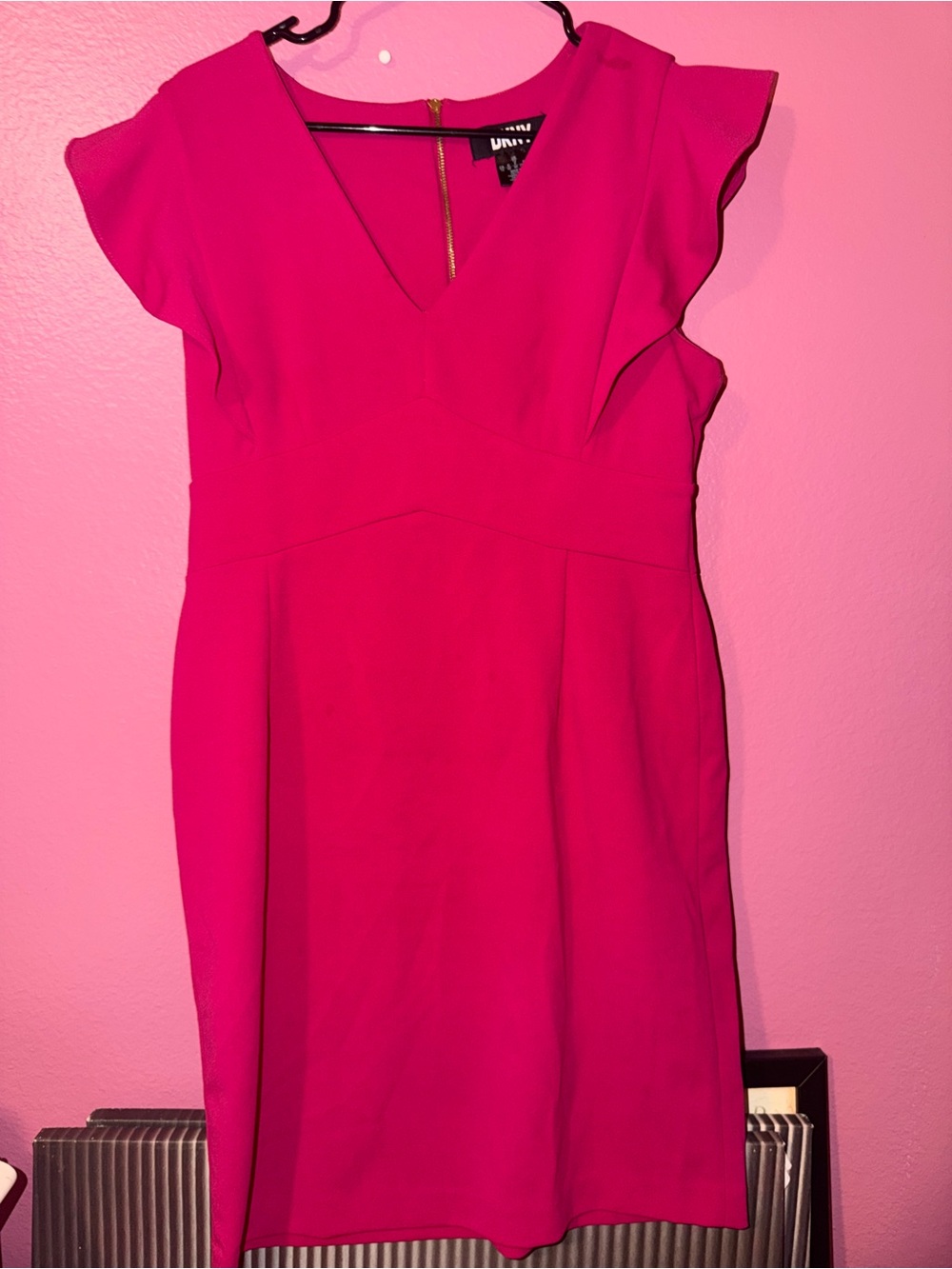 DKNY Hot Pink V-Neck Flutter Sleeve Midi Dress